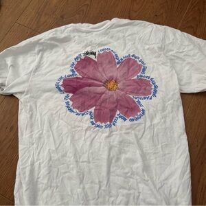 Stussy White Tee with Pink Flower and Blue Text